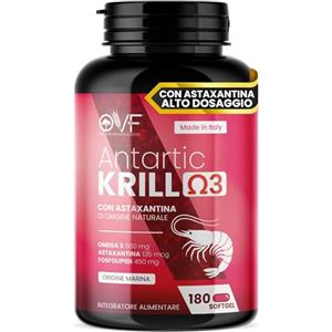 PARAFARMACIA, ORGANIC VITAMINS & FOOD OVF Olio di Krill Antartico 180 Capsule Molli Softgel con Omega 3 Astaxantina e Fosfolipidi EPA DHA Naturali Omega 3 Krill Oil Origine Marina Senza Glutine, Soia e Lattosio Senza Retrogusto