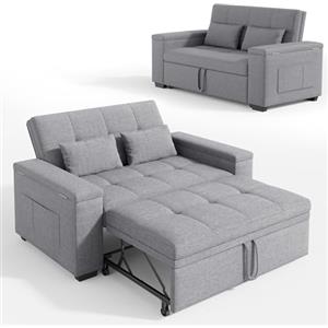 Xbro Divano Letto 2 Posti in Lino, Letto Esteso 175x116 cm, Convertibile 3 in 1 con 2 Cuscini e Tasche Laterali, Compatto Salvaspazio per Soggiorno e Camera Ospiti, 156x74x84 cm, Grigio Chiaro