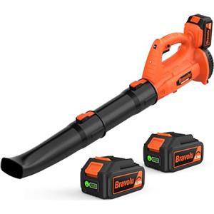 Bravolu Soffiatore a Batteria, Bravolu Soffiatore Foglie Elettrico, con Batteria da 2 x 5,2 Ah e Caricabatteria, Velocità Aria Max Regolabile 240 km/h, 20000 RPM con 6 Velocità Regolabili, Ugelli a 2 Sezioni