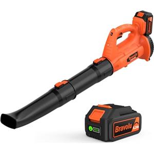 Bravolu Soffiatore a Batteria, Bravolu Soffiatore Foglie Elettrico, con Batteria da 5,2 Ah e Caricabatteria, Velocità Aria Max Regolabile 240 km/h, 20000 RPM con 6 Velocità Regolabili, Ugelli a 2 Sezioni