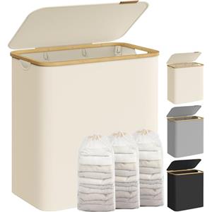 SONGMICS Cesto Portabiancheria con Coperchio a 3 Scomparti, Cesta per Bucato, 150L, Sacco Rimovibile, Tessuto Oxford, Manici di Bambù Pieghevole, 60 x 38,5 x 70,5 cm, Bianco Crema LCB515W01