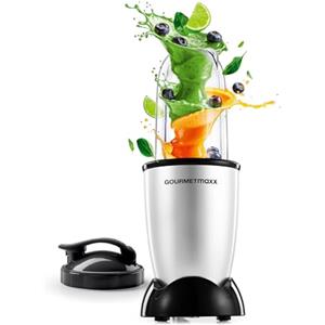 GOURMETmaxx Mr. Magic Mixer, 4 pezzi, Powerbase da 400 W, lama a croce, tazza da 500 ml, coperchio per smoothie e frullatore, per frullati, salse, facile da pulire, colore: argento/nero