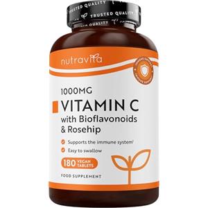 Nutravita Vitamina C 1000mg - 180 Vit C Compresse per 6 Mesi - Vitamina C Pura con Rosa Canina e Flavonoidi - Acido Ascorbico - 100% Vegan - Normale Funzione del Sistema Immunitario