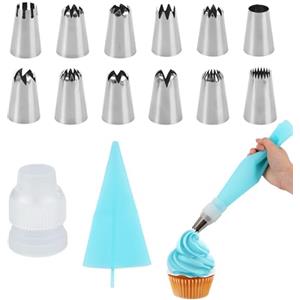 Goktvai 12pz Beccucci Grandi per Pasticceria con Adattatore e Sac à Poche, in Acciaio Inox Riutilizzabili con Forme Multiple Strumenti Decorare Torte per Cupcake Biscotti Pasta Frolla e Prodotti Forno