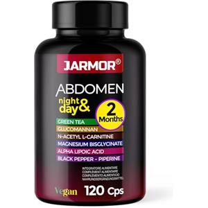 J.ARMOR ABDOMEN Integratore Brucia Grassi Naturale | 120 Cps Vegane, 2 Mesi di Scorta | con Tè Verde, Glucomannano, Carnitina e Piperina | Supporto Metabolismo e Benessere Corporeo Formula Giorno & Notte