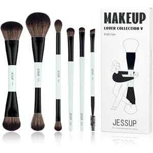 Jessup pennelli trucco, 6pz pennelli make up, 10-in-6 duo-end pennelli collezione must-have, fondotinta polvere ombretto contorno occhi Eyeliner evidenziatore fard pennello, ciano brillante T501