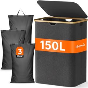 Lifewit 150L Cesto per la Biancheria con Coperchio, Grande Cesta Portabiancheria a 3 Scomparti, Portabiancheria Sporca con Manici in Bambù e 3 Sacco per la Biancheria Rimovibile, Grigio Scuro