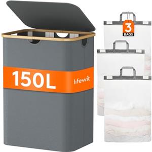 Lifewit 150L Cesto Portabiancheria con 3 Scomparti e 3 Sacchi, Grande Cesta Portabiancheria Pieghevole in Bambùcon Coperchio per Camera da Letto, Bagno, Lavanderia, Grigio Chiaro