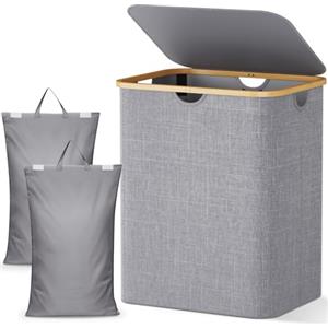 Lifewit 140L Cesto Portabiancheria con 2 Scomparti e 2 Sacchi, Grande Cesta Portabiancheria Pieghevole in Bambùcon Coperchio per Camera da Letto, Bagno, Lavanderia, Grigio Chiaro