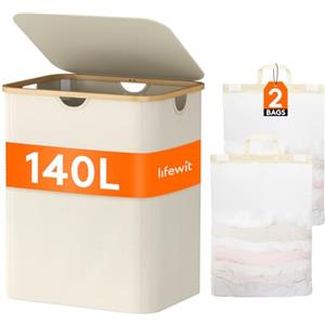 Lifewit 140L Cesto Portabiancheria con 2 Scomparti e 2 Sacchi, Grande Cesta Portabiancheria Pieghevole in Bambùcon Coperchio per Camera da Letto, Bagno, Lavanderia, Beige
