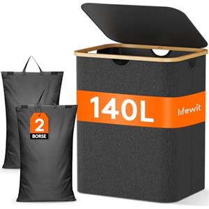 Lifewit 140L Cesto Portabiancheria con 2 Scomparti e 2 Sacchi, Grande Cesta Portabiancheria Pieghevole in Bambùcon Coperchio per Camera da Letto, Bagno, Lavanderia, Grigio Scuro