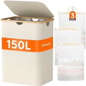 Lifewit 150L Cesto Portabiancheria 3 Scomparti, Cesta Biancheria Con Manici Bambù, 3 Sacchi, Porta Biancheria per Bagno, Beige