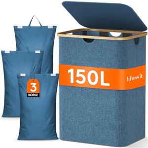 Lifewit 150L Cesto per la Biancheria con Coperchio, Grande Cesta Portabiancheria a 3 Scomparti, Portabiancheria Sporca con Manici in Bambù e 3 Sacco per la Biancheria Rimovibile, Blu