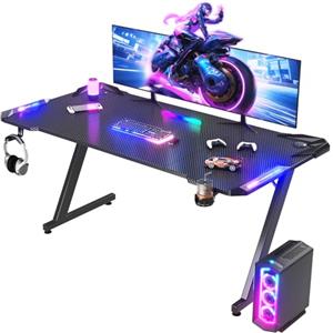 JUMMICO Scrivania Gaming LED 160x60 cm - Tavolo Gaming Ergonomico con Ganci per Cuffie e Piano in Fibra di Carbonio Nero, Scrivania per Computer Illuminazione RGB Regolabile, per Setup Gamer Professionale