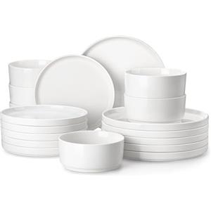 MALACASA Servizio di Piatti in Porcellana per 6 Persone, Set di Piatti 18 Pezzi con Piatti Piani ∅ 26 cm, Piatti da Dessert ∅ 21 cm e Ciotole per Zuppa da 760 ml, Bianco, Serie LEAH