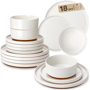 MALACASA Servizio Piatti da 18 Pezzi, Set Piatti 6 Persone in Gres con 6 Piatti Piani, 6 Ciotole per Cereali, 6 Piatti da Dessert, Bianco - Serie LEAH
