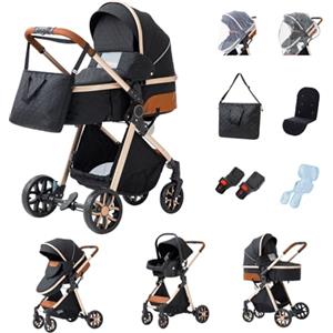 YAZOCO Passeggino 3 in 1, Trio, Passeggino Canne, Con Seggiolino Accessori,Adattatori universali, 4 ruote con ammortizzatori, navicella (3 in 1 LV9 Nero)