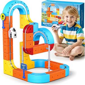 Toyokid 56 Pezzi Trenino Elettrico per Bambini, Giochi Bambini 3 4 5 6 7 8 Anni DIY Cube Track Regalo Bambina 3-8 Anni 3D Elettrico Klickrail Pista Magnetica Macchinine Regali di Pasqua per bambini