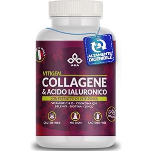 ARÀ Collagene e Acido Ialuronico ARÀ®, 2400mg Collagene Idrolizzato, 210mg Acido Ialuronico,180 CPR con Vite Rossa, Vitamina C e D, Coenzima Q10, Selenio e Biotina-VITIGEN