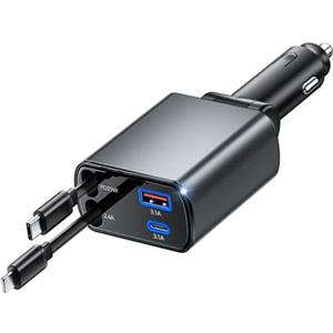 nongxiang Caricabatteria da auto 4 in 1 USB C per auto, un totale di 78 W, pieghevole 180°, caricatore rapido retrattile per auto con USBC e cavo di illuminazione, adattatore per auto 12 V/24 V, accessorio per