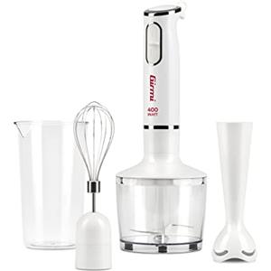 Girmi MX16 Mixer ad immersione con Kit, 3 in 1 frullatore-mixer-frusta, 400 W, Motore DC, 2 Velocità, Lame INOX, Misurino da 700cc incluso, Bianco