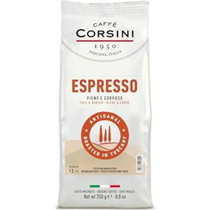 CAFFÈ CORSINI 1950 Caffè Corsini - Caffè Macinato Espresso Miscela Arabica e Robusta, Intensità 12/13, Tostatura Medio-Scura, Gusto Pieno e Corposo, 1 Confezione da 250g