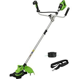 Greenworks48V(2x24V)Decespugliatore a Batteria con Motore Brushless,Imbracatura,Manubrio, Ampiezza di Taglio38cm,Filo Nylon2mm,Lama 25cm SENZA 2 Batterie 24V e Caricabatterie, Garanzia 3Anni GD24X2BCB