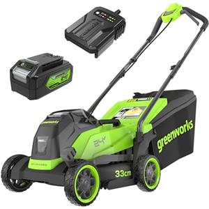 Greenworks 24V Tagliaerba a Batteria con Motore Brushless, Ampiezza di Taglio 33cm, Sacca da 30L tosaerba elettrico CON Batteria da 24V 4Ah & Caricabatterie, Garanzia 3 Anni-MO24L411-01