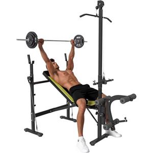 HOMCOM Panca Multifunzione Stazione Fitness con Schienale Regolabile su 3 Livelli, Supporto Gambe e Barra Superiore, 175x110x202cm, Nero