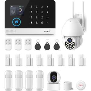 PGST Allarme casa Senza fili, 23 Pezzi - 4G Allarme casa,WIFI GSM Sistema Antifurto Completo, Telecamera Wi-Fi Esterno/Interno,Sensore per porte e finestre, Telecomando per Appartamento, Garage
