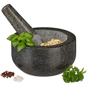 Relaxdays Mortaio & Pestello in Granito, Resistente, Foglie di Basilico, Pesto, in Pietra Lucida, Ø 16, 400 ml, Grigio