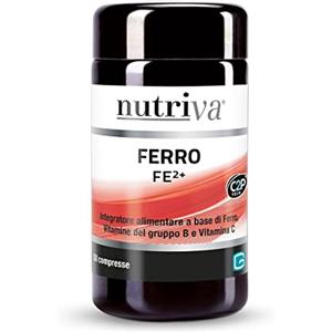 NUTRIVA Ferro FE²⁺, Integratore Alimentare a base di Ferro, Vitamine del gruppo B, Acido folico e Vitamina C. Reintegra il Ferro. Supporta la formazione di globuli rossi ed emoglobina. C2P® Tech