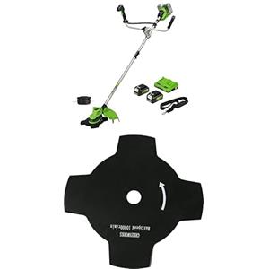 Greenworks Decespugliatore a batteria con tagliabordi senza spazzole, larghezza di taglio di 38 cm, lama da 25 cm con alimentazione a urto, due batterie da 24V 4Ah e caricabatterie GD24X2BCB + lama de
