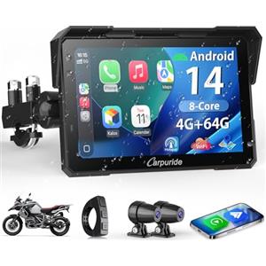 Carpuride W702 Plus Android 14 Moto Carplay Schermo con doppia fotocamera, Senza Fili CarPlay e Android Auto, 7" Touchscreen Impermeabile, BT Audio, Loop Registrazione,Navigazione online e offline.