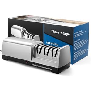 MusyVocay Affilacoltelli elettrico con diamante al 100%, affilacoltelli da cucina professionale a 3 livelli, 20 gradi, con guida angolare di precisione per sciliare, riparazione (Argento)