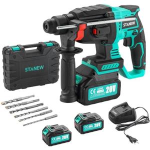STANEW Taladro Percutor a Bateria, Martillo Percutor Bateria con Portabrocas SDS-Plus, Motor Sin Escobillas, 4500 BPM, 1000 RPM, 6 Brocas, Energía de Impacto 2J, 2 * 20 V 4,0 Ah Batería