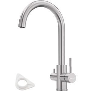 DAYONE Rubinetto da cucina a 3 vie, con 2 leve, girevole a 360°, in acciaio inox, 3 in 1, per filtro dell'acqua, rubinetto da cucina, spazzolato (DAY-CR256BN, 256BN)