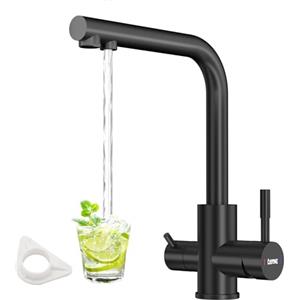 DAYONE Rubinetto da Cucina Nero a 3 Vie, Rubinetto in Acciaio Inox SUS304 per Acqua Potabile Pura, Miscelatore Girevole a 360° con Doppia Leva, Rubinetto da Cucina con Filtro Acqua 3 in 1 per 1 Foro