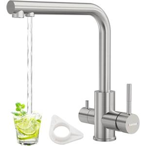 DAYONE - Rubinetto da cucina a 3 vie, 3 in 1, miscelatore per filtro dell'acqua, girevole a 360°, con 2 leve, rubinetto per acqua potabile, 3 vie, in acciaio inox SUS304, nichel spazzolato