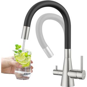 DAYONE - Rubinetto da cucina a 3 vie, nero flessibile, 3 in 1, miscelatore per filtro dell'acqua ad osmosi, girevole a 360°, con tubo soft-touch, rubinetto per acqua potabile con doppia leva
