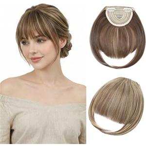 Benehair Frangia Clip Capelli Naturale Extension Frangetta Finta con Clip Sintetica French Bangs Fringe Hairpiece Posticci Adatto a Donna(Marrone Chiaro con Biondo, 30g)