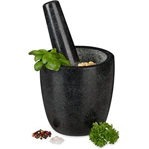 Relaxdays Mortaio & Pestello in Granito, Robusto & Resistente, Erbe Aromatiche, in Pietra Lucida, V 500ml, Ø 13, nero