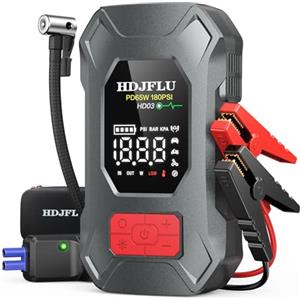 HDJFLU 7500A con compressore d'aria da 180PSI, ricarica rapida da 65W, batteria portatile per auto da 24000mAh, gonfiatore di pneumatici da 12V (per benzina e diesel fino a 10L), luce LED