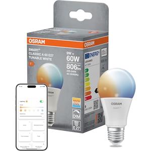 OSRAM Lampada LED SMART+, A60, 9W, 2700-6500K, E27, a forma di lampadina, Tunable White, dimmerabile, controllabile con app o voce, compatibile con Matter