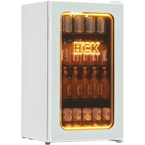 HCK Frigorifero per bevande da 98 l, 105 lattine mini frigorifero con porta in vetro, luce arancione 3D, piccolo frigorifero con ripiani regolabili per birra o vino, perfetto per casa/bar, ufficio