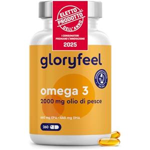 Gloryfeel Omega 3 2000mg, Eletto PRODOTTO DELL'ANNO 2025, Olio di Pesce 260 Capsule, 660 EPA + 440mg DHA, Alta Biodisponibilità, Fonte di Acidi Grassi Essenziali Omega 3, Fish Oil