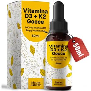 Bloom Naturals Beauty Supplements Vitamina D3 K2 Gocce - 1.000 IE D3 + 20 µg K2 per Goccia - 50 ml - Vitamina D Gocce Prodotta in Germania - Testato in Laboratorio