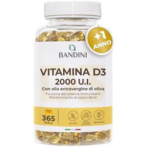 Bandini® Vitamina D3 2000 UI 365 Softgels, Alto Dosaggio 50μg, Vitamine D Colecalciferolo in perle, In Olio Extravergine di Oliva per Assorbimento Ottimale, Ossa, Denti, Muscoli, Sistema immunitario