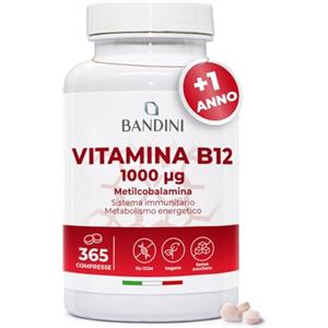 Bandini® Vitamina B12 365 Compresse (+ 1 Anno), Metilcobalamina 1000µg, 100% Vegan, Vitamine B 12 per il Sistema Immunitario, Vit per Normale Metabolismo energetico, Stanchezza Fisica e Mentale