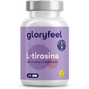 Gloryfeel L-Tirosina 365 capsule (6 mesi) - 1000 mg dose giornaliera - con Vitamina B3 e B6 - supporto a sistema nervoso e metabolismo - vegano, testato in laboratorio, prodotto in Germania*